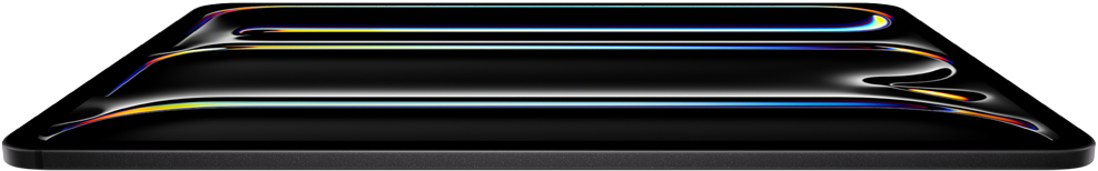 iPad Pro, Vorderseite, Farbe Space Schwarz, Aluminium‑ und Glasgehäuse, dünnes Profil, nach hinten geneigt mit Display, das mehrfarbige Linienzeichnungen zeigt