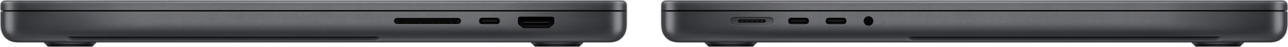 Seitenansicht des MacBook Pro, die den SDXC Kartensteckplatz, drei Thunderbolt 4 Anschlüsse, den HDMI Anschluss, den MagSafe 3 Ladeanschluss und den Kopfhöreranschluss zeigt.