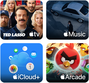 Vier Kacheln: Apple TV Kachel zeigt Figuren aus der Serie Ted Lasso, Apple Music Kachel zeigt das Albumcover von Davidos Album 5ive, iCloud Plus Kachel zeigt eine Wolke, umgeben von App Symbolen für Fotos, Kalender, Mail, Erinnerungen, Nachrichten und Dateien, Apple Arcade Kachel zeigt Figuren aus dem Spiel Angry Birds